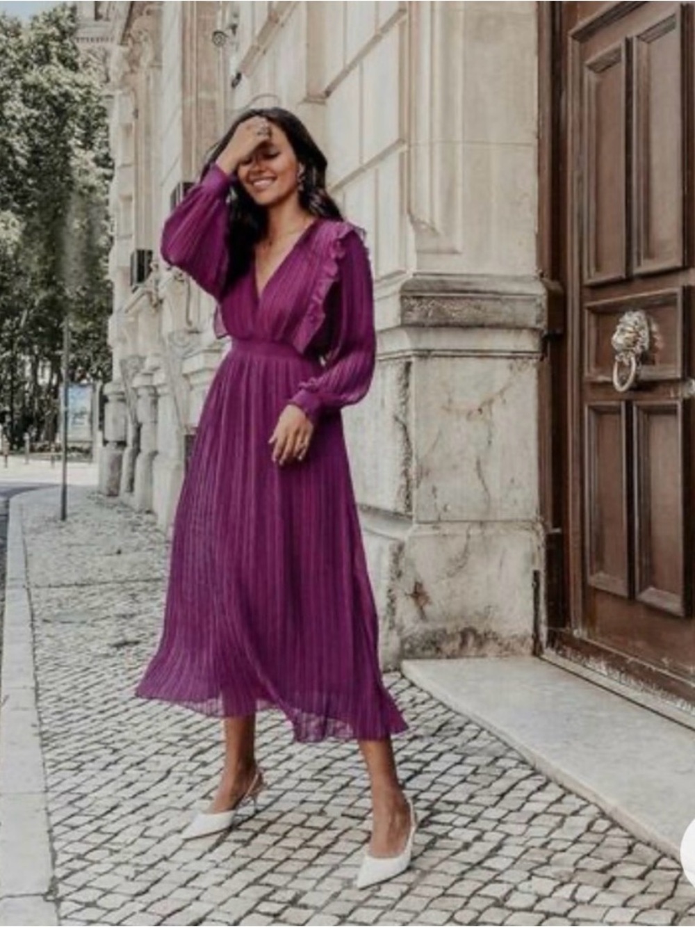 NWT Zara Fuchsia Pleated Midi Dress with Ruffle Trim